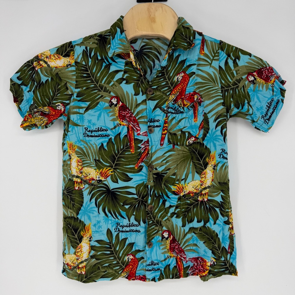 Aremar Mens Republica Dominicana Parrot Tropical Palm Button Down Shirt Blue M